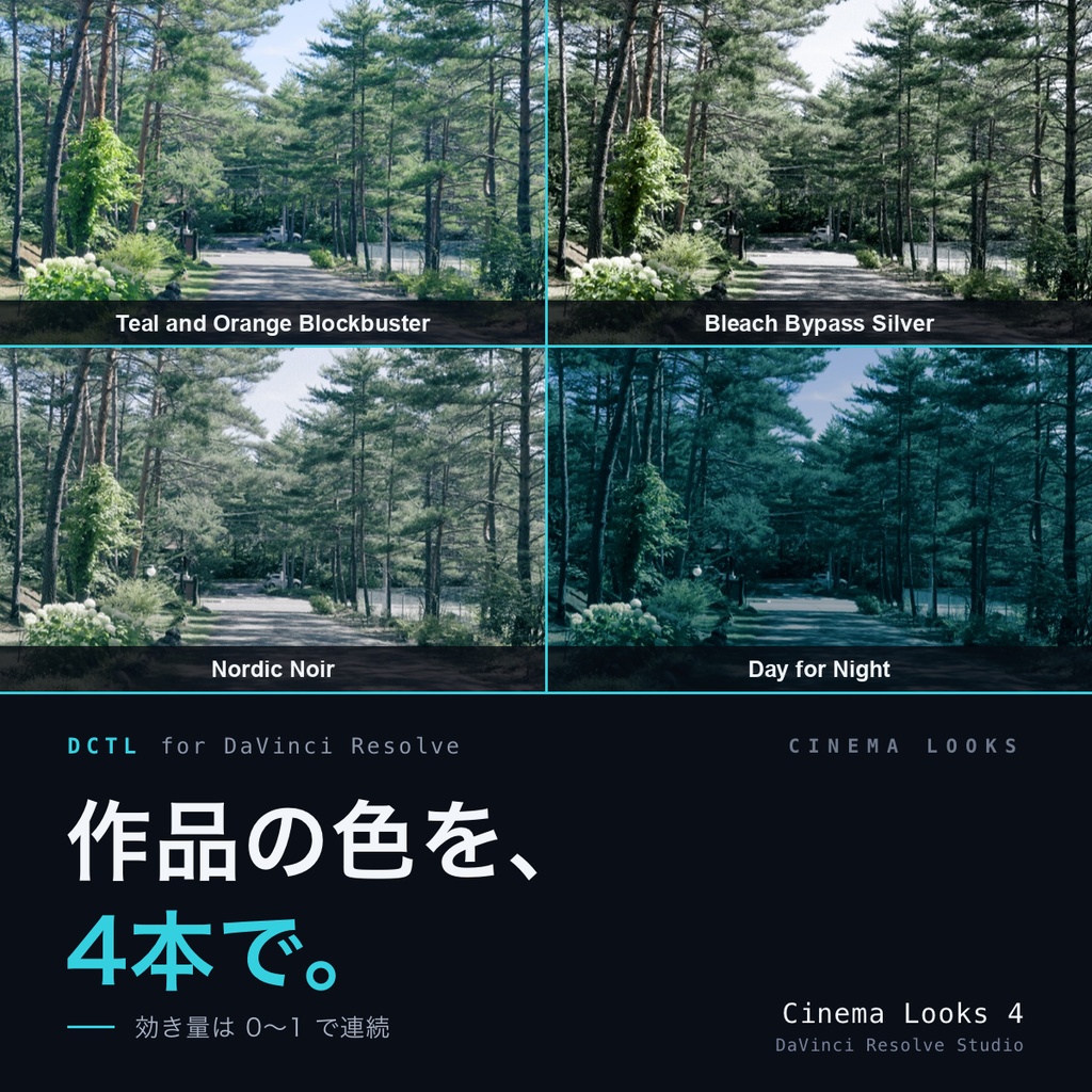 Cinema Looks 4｜DaVinci Resolve 用 映画的グレードDCTL（効き量0〜1可変・11カメラ対応）