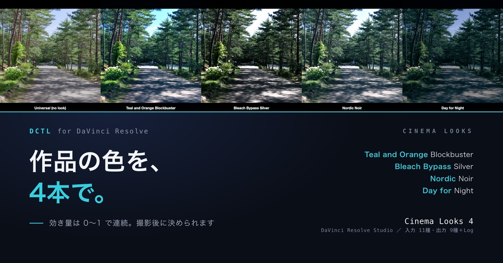 Cinema Looks 4|DaVinci Resolve 用 映画的グレードDCTL(効き量0〜1可変・11カメラ対応)