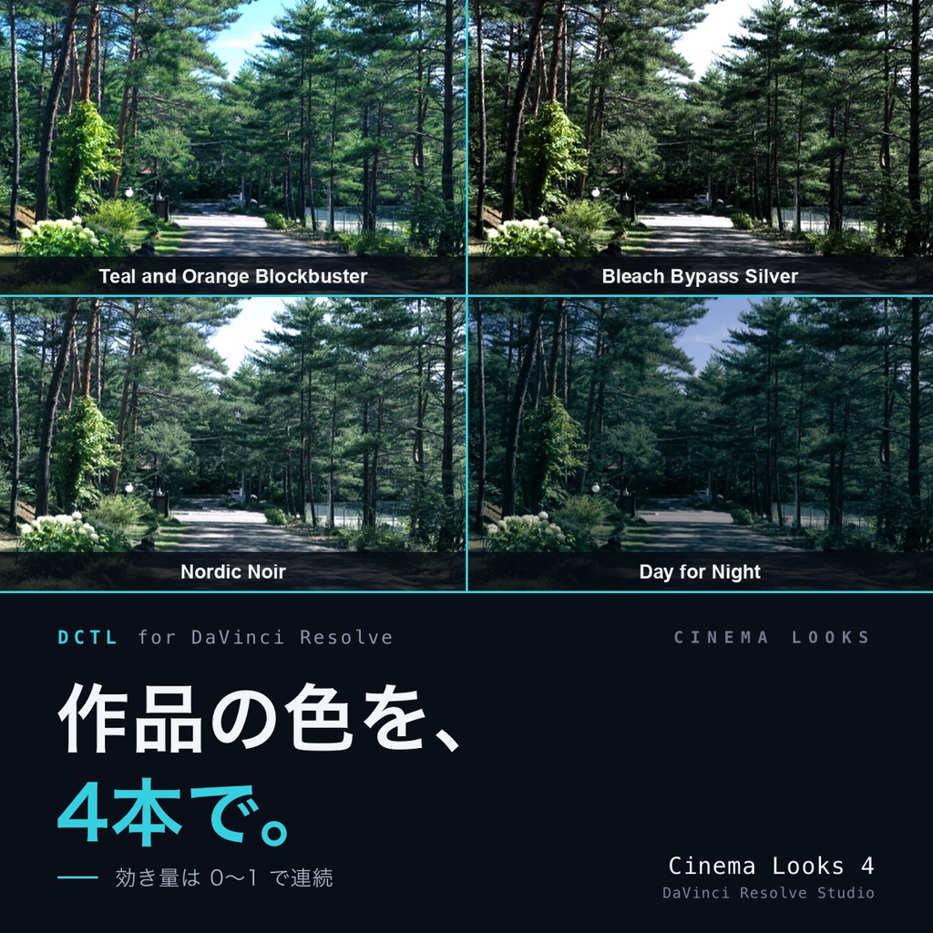 Cinema Looks 4|DaVinci Resolve 用 映画的グレードDCTL(効き量0〜1可変・11カメラ対応)