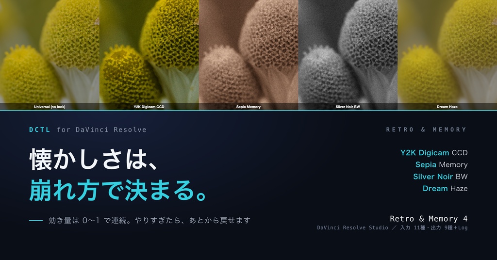 Retro & Memory 4|DaVinci Resolve 用 レトロ・記憶ルックDCTL(効き量0〜1可変・11カメラ対応)