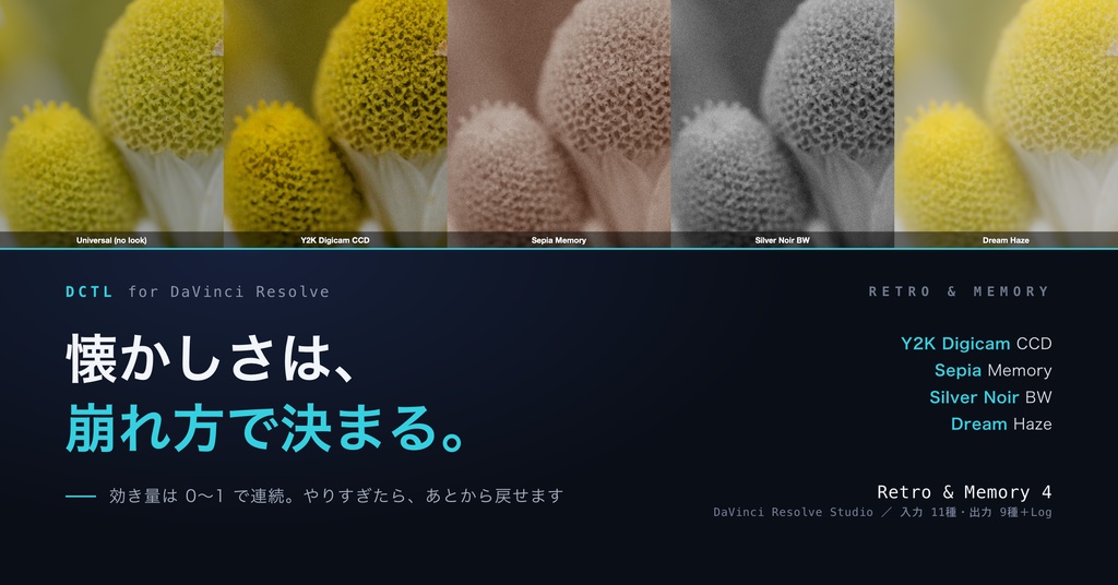 Retro & Memory 4|DaVinci Resolve 用 レトロ・記憶ルックDCTL(効き量0〜1可変・11カメラ対応)