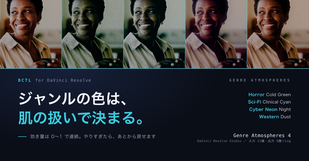 Genre Atmospheres 4|DaVinci Resolve 用 ジャンル演出ルックDCTL(効き量0〜1可変・11カメラ対応)