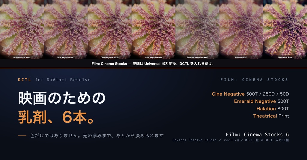 Film: Cinema Stocks 6|DaVinci Resolve 用 映画のための乳剤DCTL(ハレーション0〜2・粒0〜0.3・11カメラ対応)