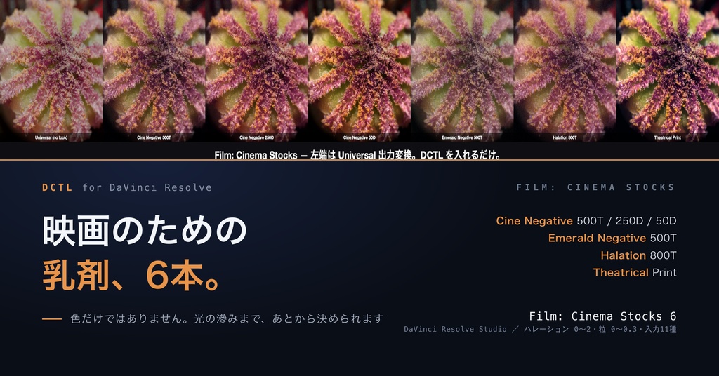 Film: Cinema Stocks 6|DaVinci Resolve 用 映画のための乳剤DCTL(ハレーション0〜2・粒0〜0.3・11カメラ対応)