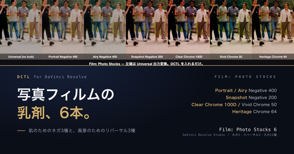 Film: Photo Stocks 6|DaVinci Resolve 用 写真フィルムの乳剤DCTL(ネガ3・リバーサル3・11カメラ対応)