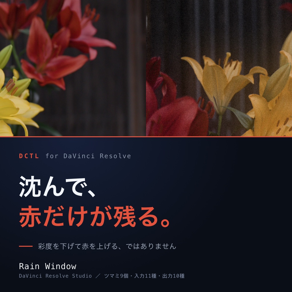 Rain Window|DaVinci Resolve 用 沈んだ街に赤だけが残るルックDCTL(マット・ハレーション・11カメラ対応)