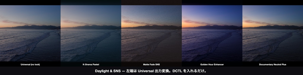 Daylight & SNS 4|DaVinci Resolve 用 明るく軽い日常ルックDCTL(効き量0〜1可変・11カメラ対応)