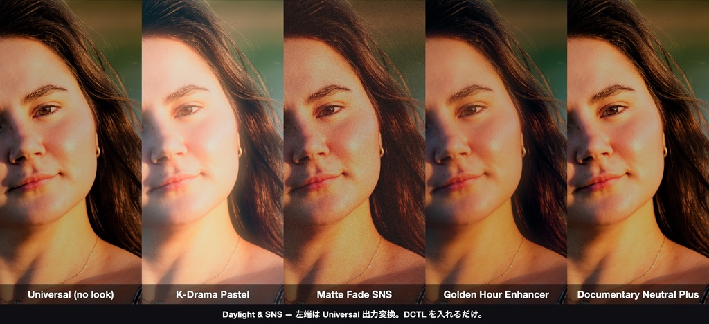 Daylight & SNS 4|DaVinci Resolve 用 明るく軽い日常ルックDCTL(効き量0〜1可変・11カメラ対応)