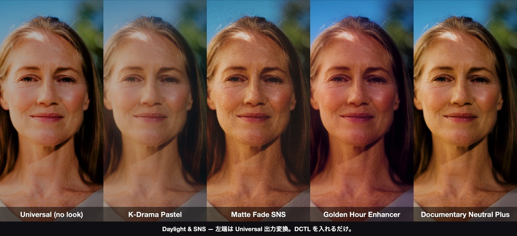 Daylight & SNS 4|DaVinci Resolve 用 明るく軽い日常ルックDCTL(効き量0〜1可変・11カメラ対応)