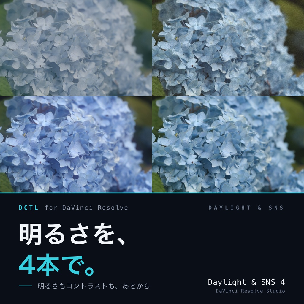 Daylight & SNS 4|DaVinci Resolve 用 明るく軽い日常ルックDCTL(効き量0〜1可変・11カメラ対応)