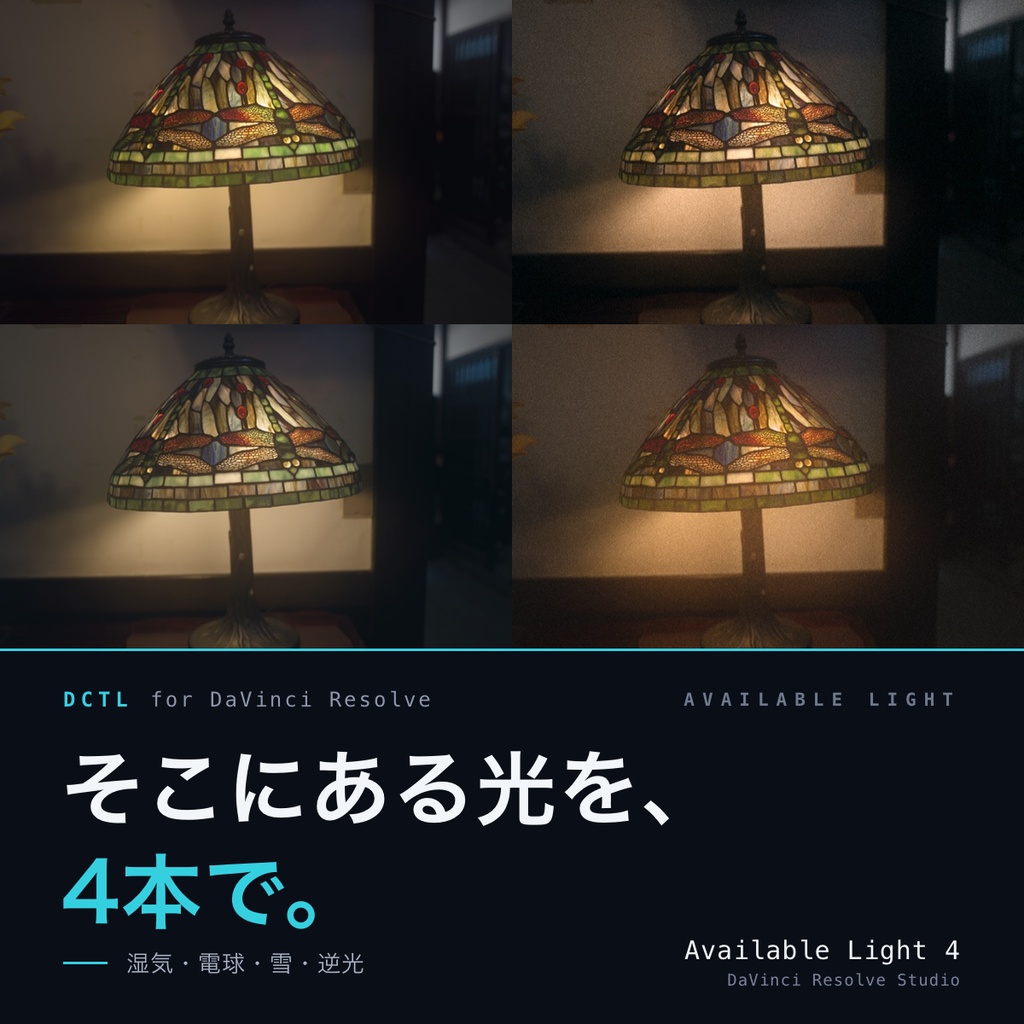 Available Light 4|DaVinci Resolve 用 そこにある光のルックDCTL(梅雨・電球・雪・逆光/11カメラ対応)