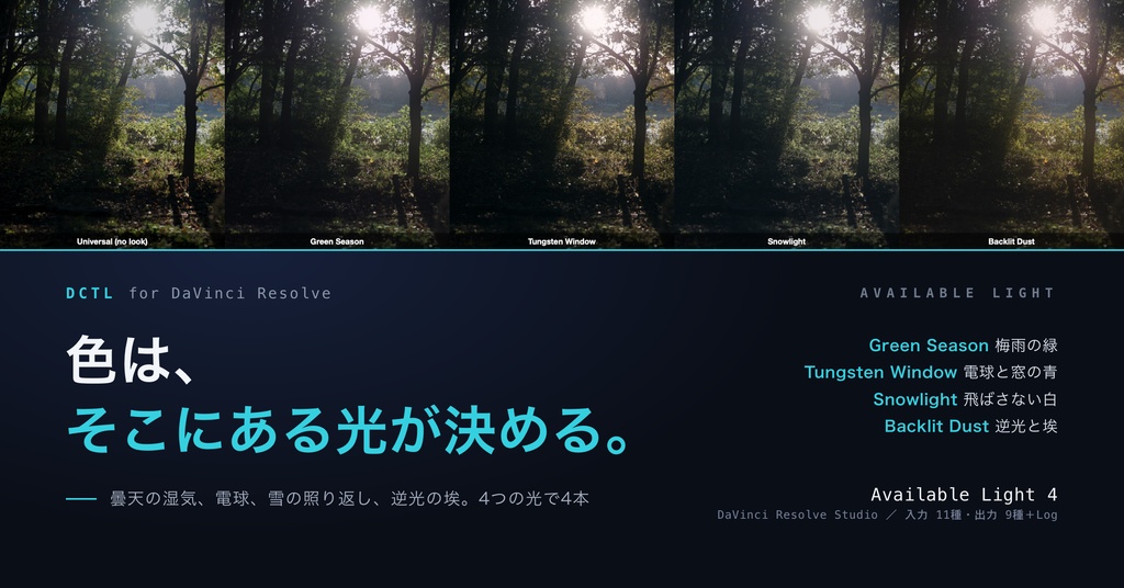 Available Light 4｜DaVinci Resolve 用 そこにある光のルックDCTL（梅雨・電球・雪・逆光／11カメラ対応）