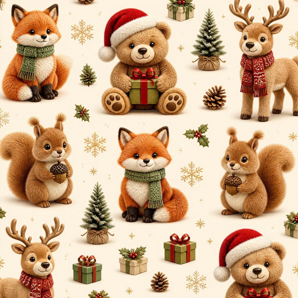 ふわもこファークリスマス・くま、きつね、りす、トナカイのデジタルペーパー3枚セット①ーB