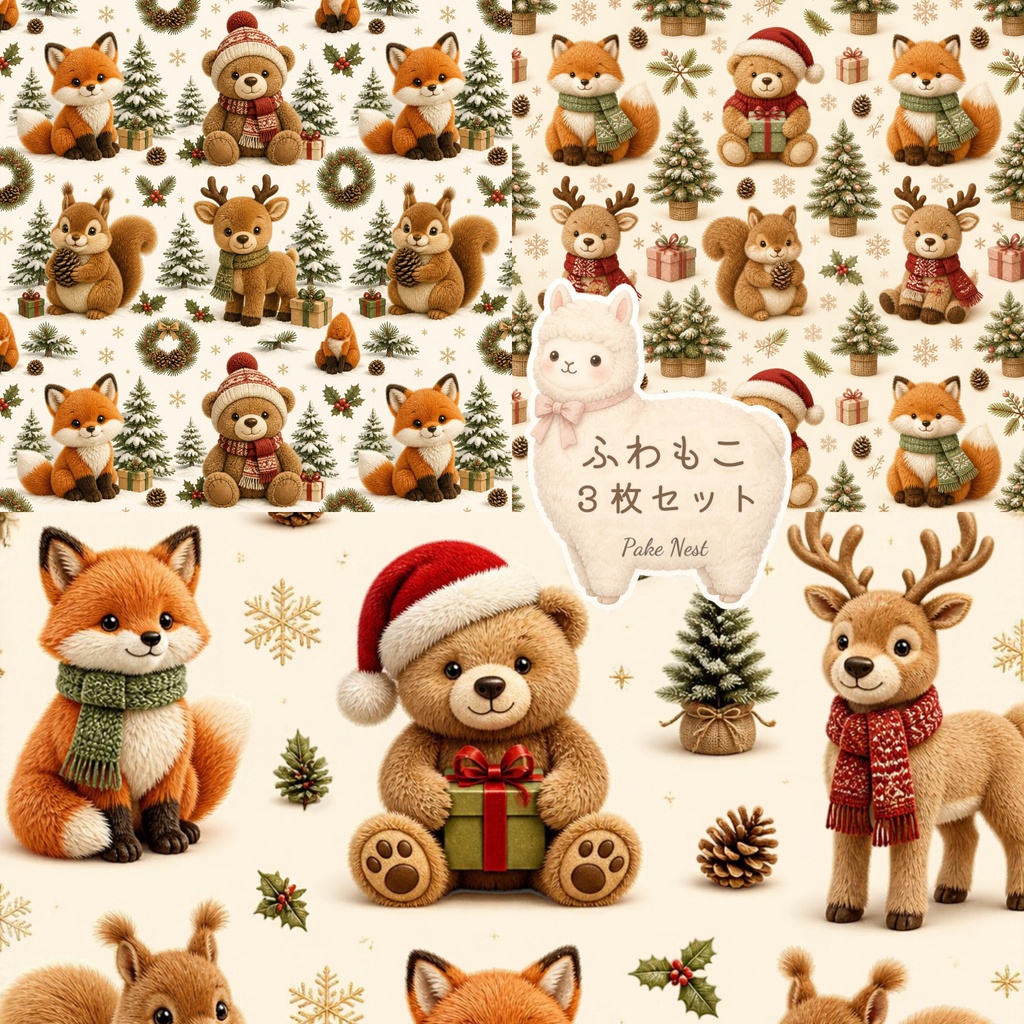 ふわもこファークリスマス・くま、きつね、りす、トナカイのデジタルペーパー３枚セット①ーB