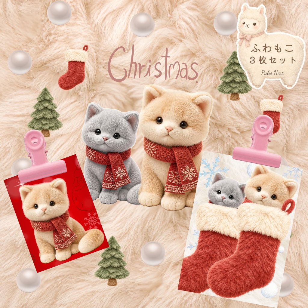 ふわもこファークリスマス・ねこのデジタルペーパー３枚セット・PC壁紙