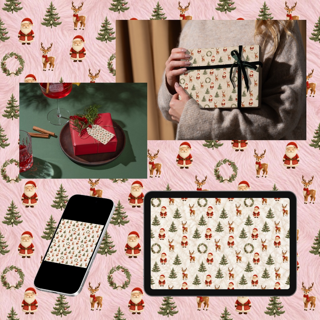 ふわもこクリスマスのデジタルペーパー 3色セット|シームレスパターン・ファー風・ラッピング・コラージュ