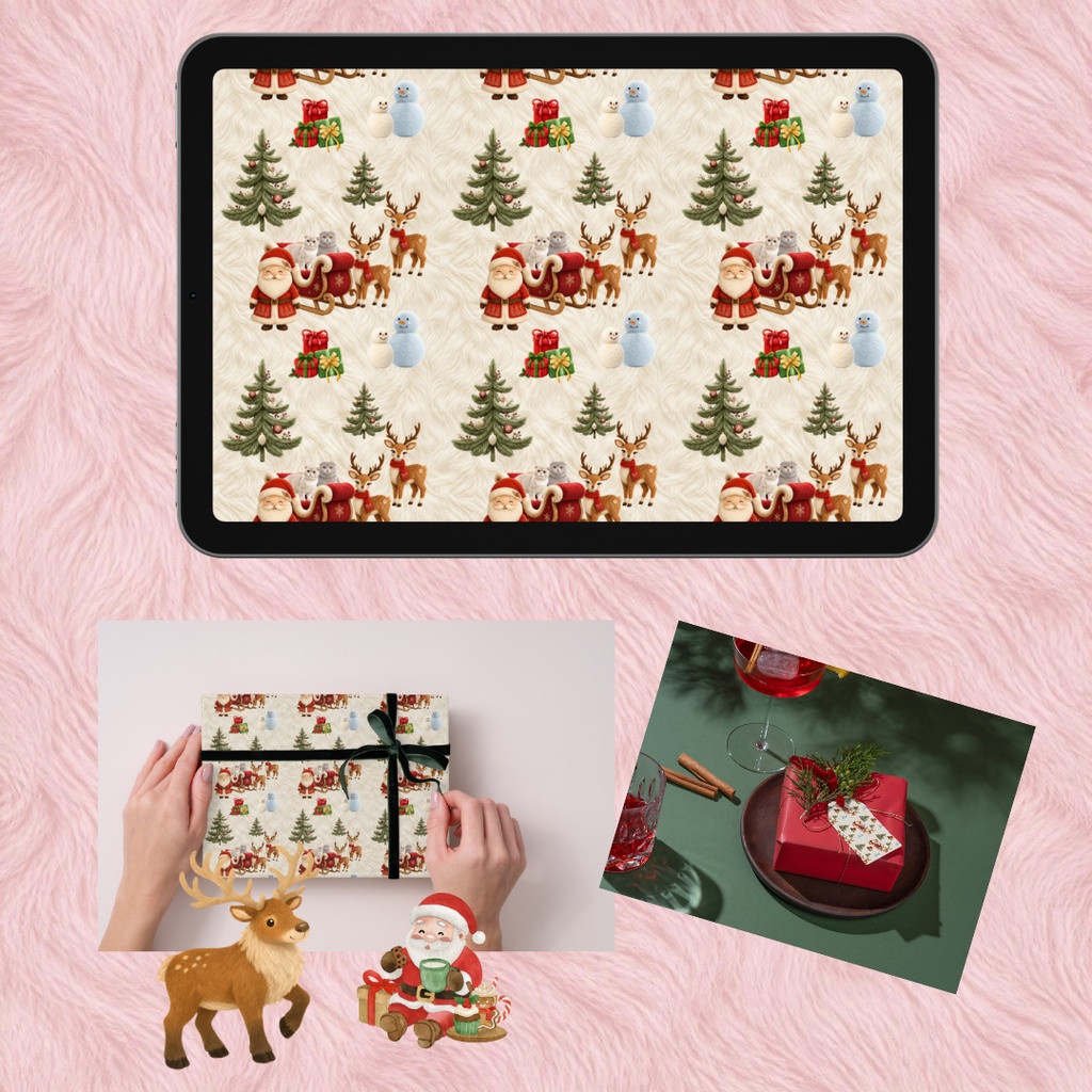 ふわふわファーのクリスマス デジタルペーパー 1枚 シームレスパターン サンタ トナカイ 雪だるま 猫スコティッシュフォールド