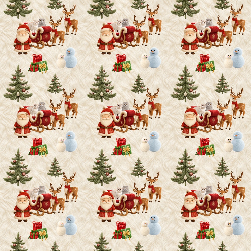 ふわふわファーのクリスマス デジタルペーパー 1枚 シームレスパターン サンタ トナカイ 雪だるま 猫スコティッシュフォールド