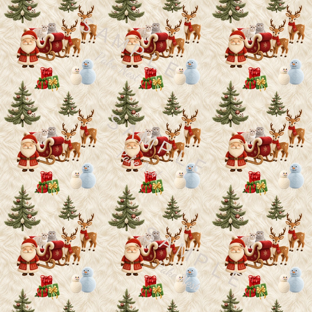 ふわふわファーのクリスマス デジタルペーパー 1枚 |シームレスパターン・ サンタ トナカイ・雪だるま・ねこ・壁紙