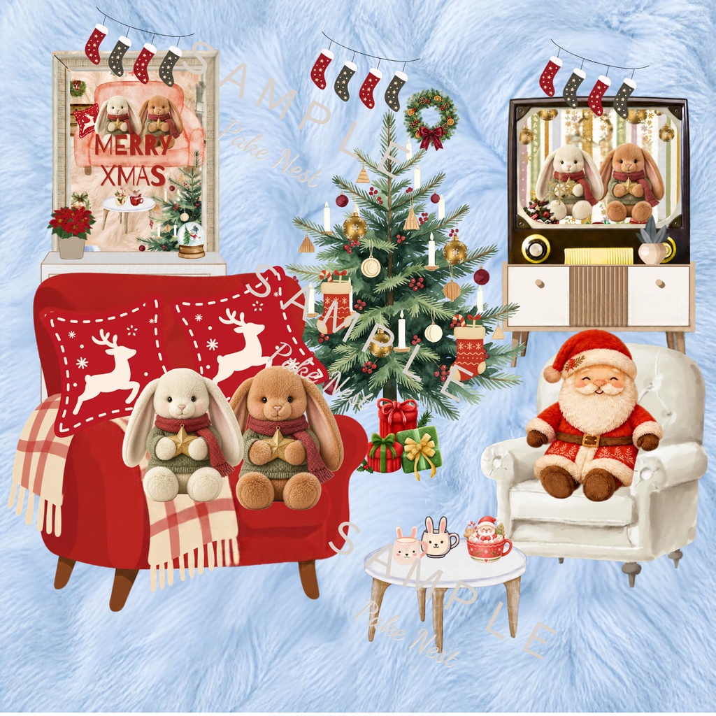 ふわもこクリスマスのデジタルペーパー3枚セット|ファー風・うさぎ・サンタ・ラッピング・壁紙