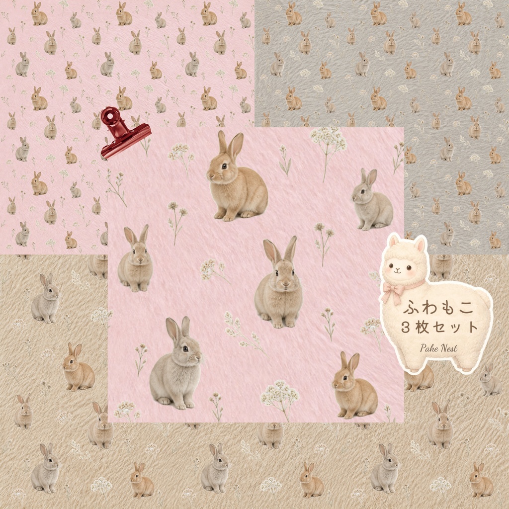 うさぎのデジタルペーパー３枚セット｜ふわふわファー背景｜シームレス｜ピンク・ミルクティー・グレージュ