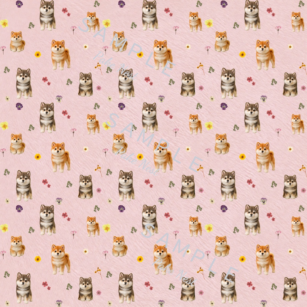 柴犬と押し花のデジタルペーパー 3枚セット|ふわふわファー背景|シームレス|ピンク・ミルクティー・グレージュ
