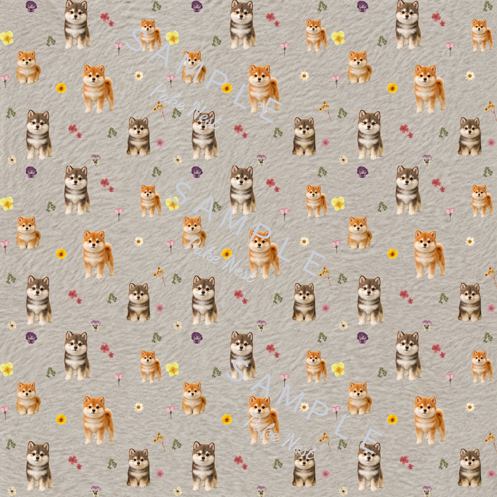 柴犬と押し花のデジタルペーパー 3枚セット|ふわふわファー背景|シームレス|ピンク・ミルクティー・グレージュ