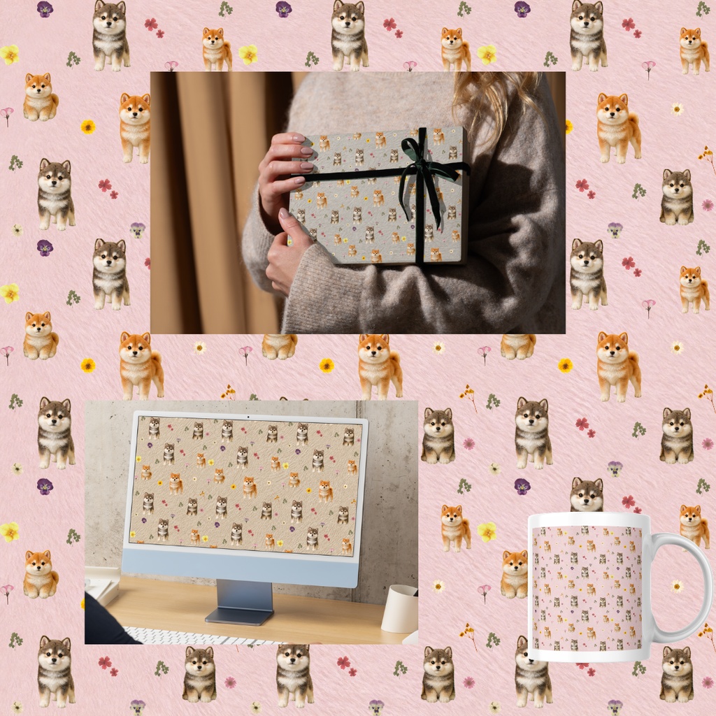 柴犬と押し花のデジタルペーパー 3枚セット|ふわふわファー背景|シームレス|ピンク・ミルクティー・グレージュ