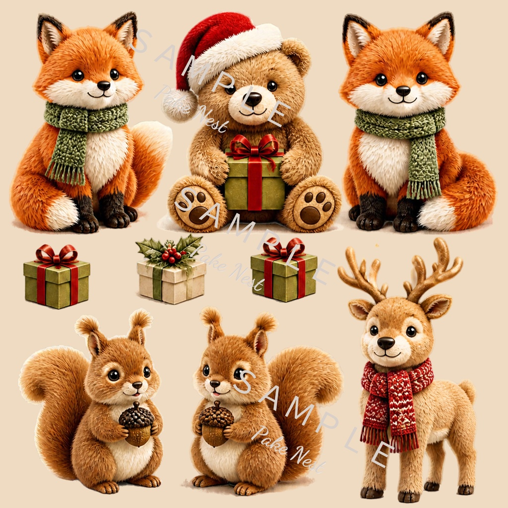 ふわもこクリスマスデジタルペーパー6枚セット|リス・きつね・雪だるま・くま・トナカイ・ファー風素材・PC壁紙・ラッピング・カード・コラージュ