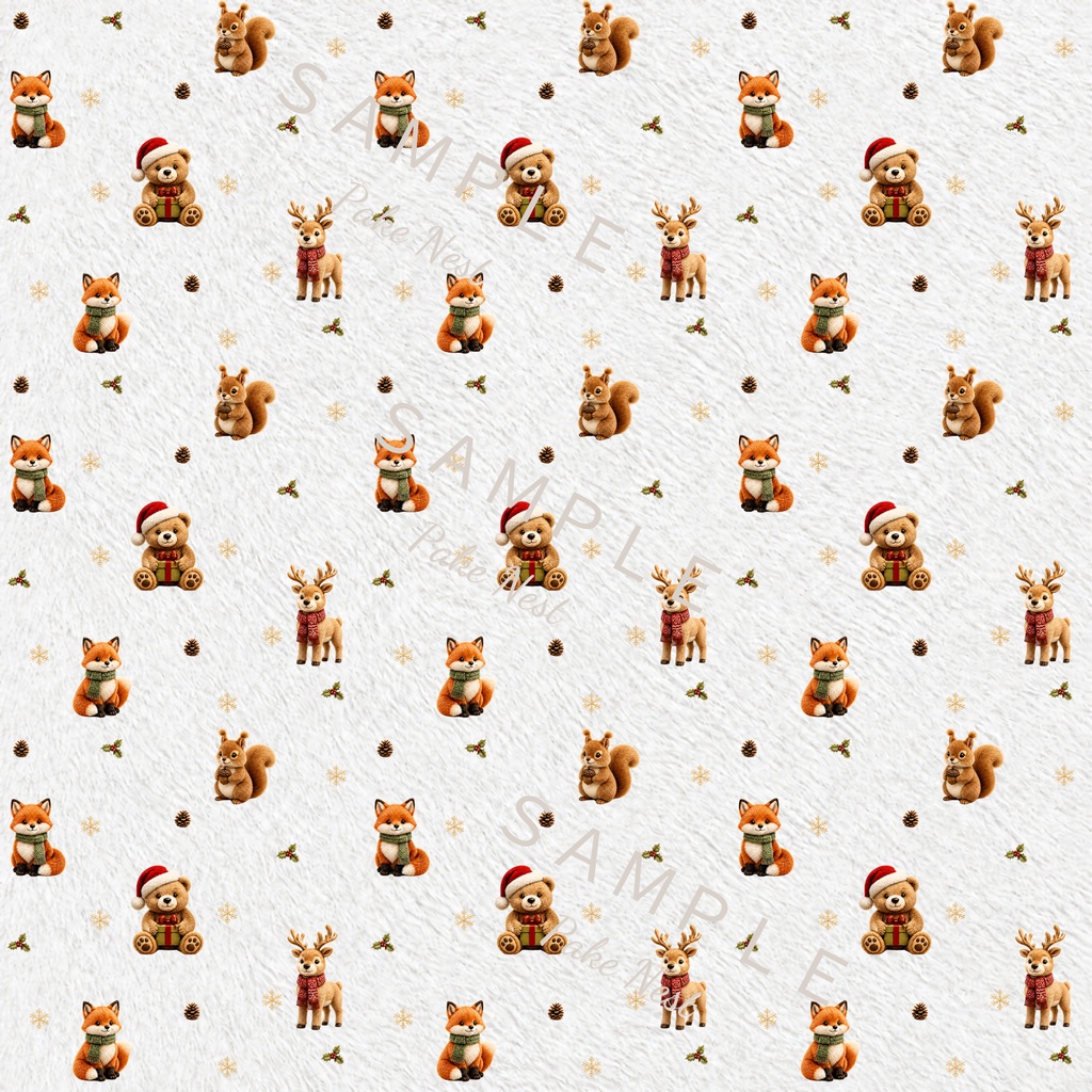 ふわもこクリスマスデジタルペーパー6枚セット|リス・きつね・雪だるま・くま・トナカイ・ファー風素材・PC壁紙・ラッピング・カード・コラージュ