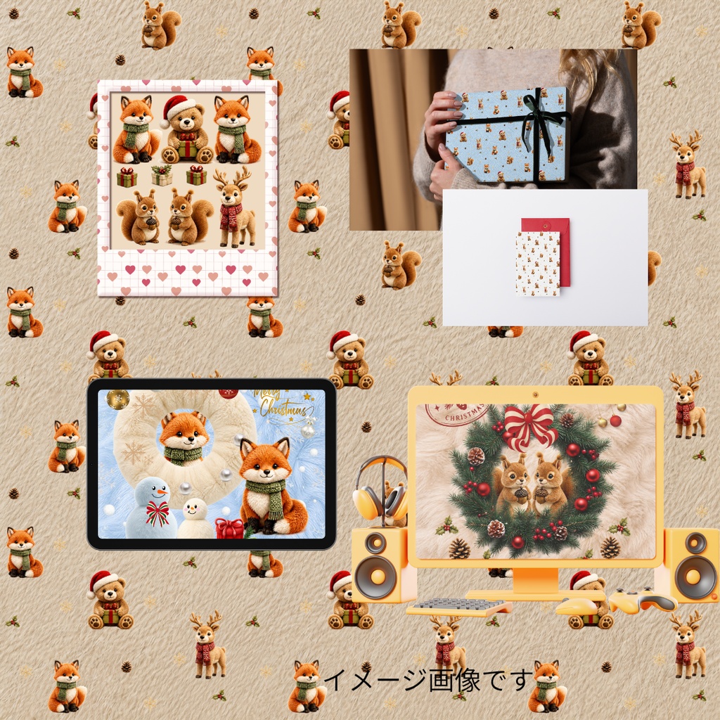 ふわもこクリスマスデジタルペーパー6枚セット|リス・きつね・雪だるま・くま・トナカイ・ファー風素材・PC壁紙・ラッピング・カード・コラージュ
