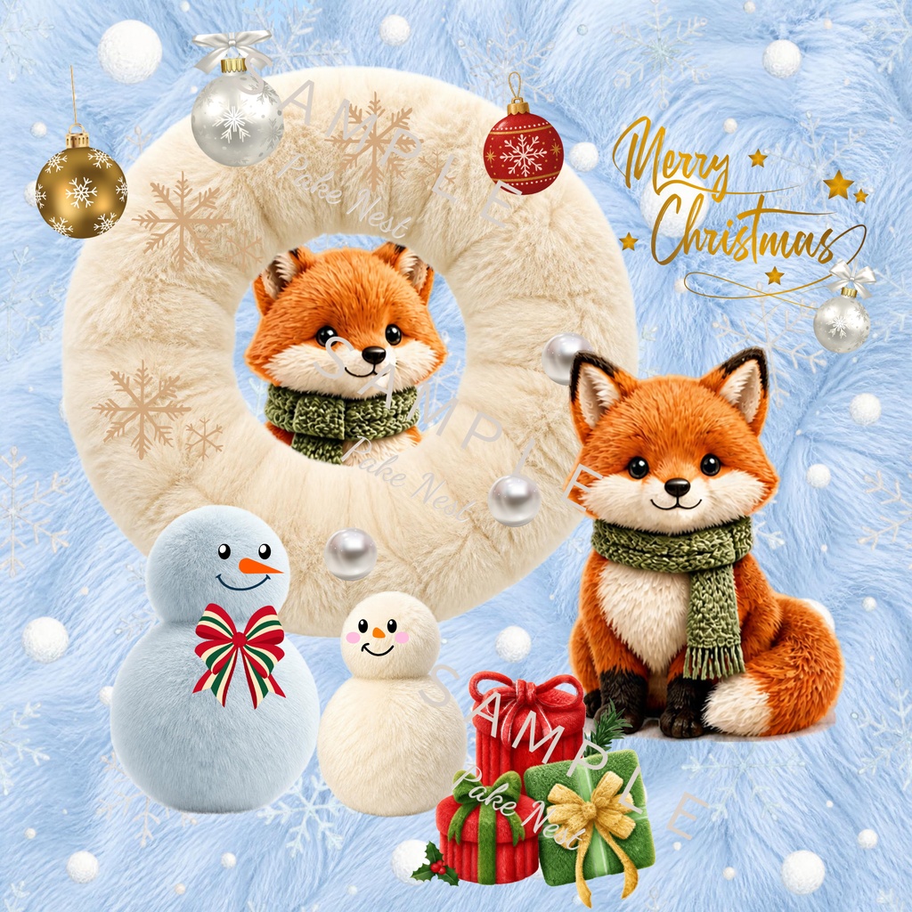 ふわもこクリスマスデジタルペーパー6枚セット|リス・きつね・雪だるま・くま・トナカイ・ファー風素材・PC壁紙・ラッピング・カード・コラージュ