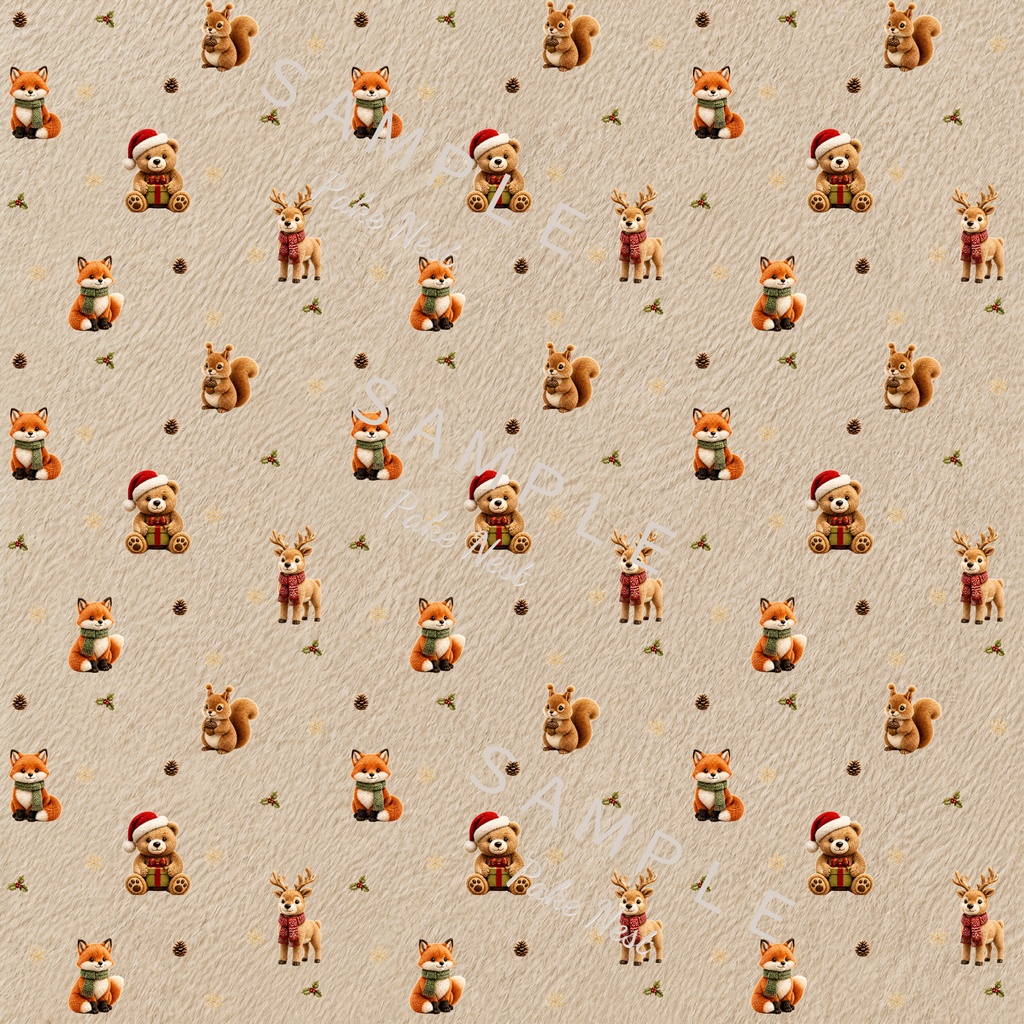 ふわもこクリスマスデジタルペーパー6枚セット|リス・きつね・雪だるま・くま・トナカイ・ファー風素材・PC壁紙・ラッピング・カード・コラージュ