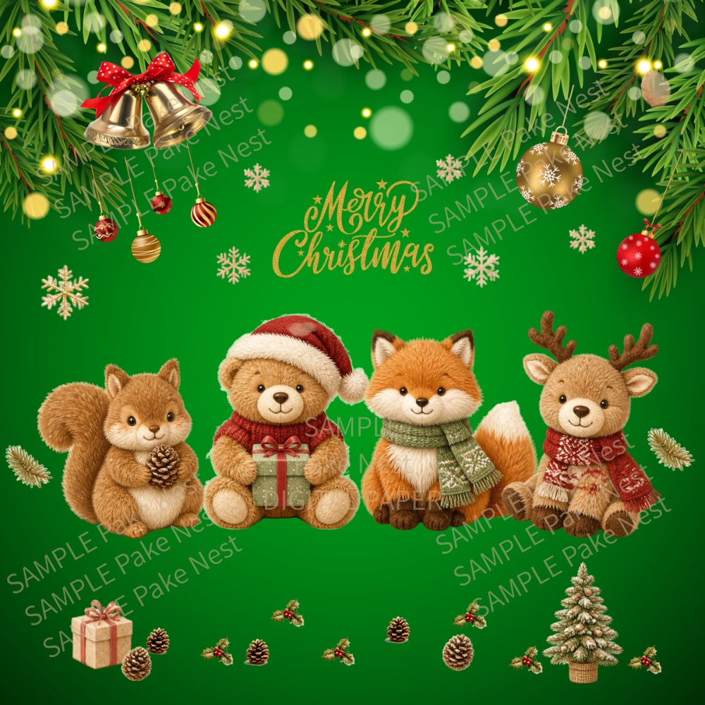 ふわもこクリスマスのデジタルペーパー3枚セット|ファー風・リス・くま・きつね・トナカイ・カード・壁紙