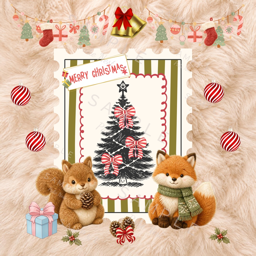 ふわもこクリスマスのデジタルペーパー3枚セット|ファー風・リス・くま・きつね・トナカイ・カード・壁紙