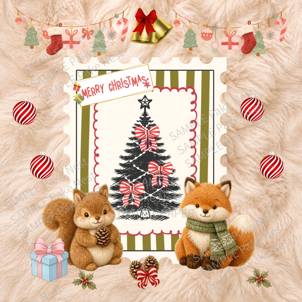 ふわもこクリスマスのデジタルペーパー3枚セット|ファー風・リス・くま・きつね・トナカイ・カード・壁紙