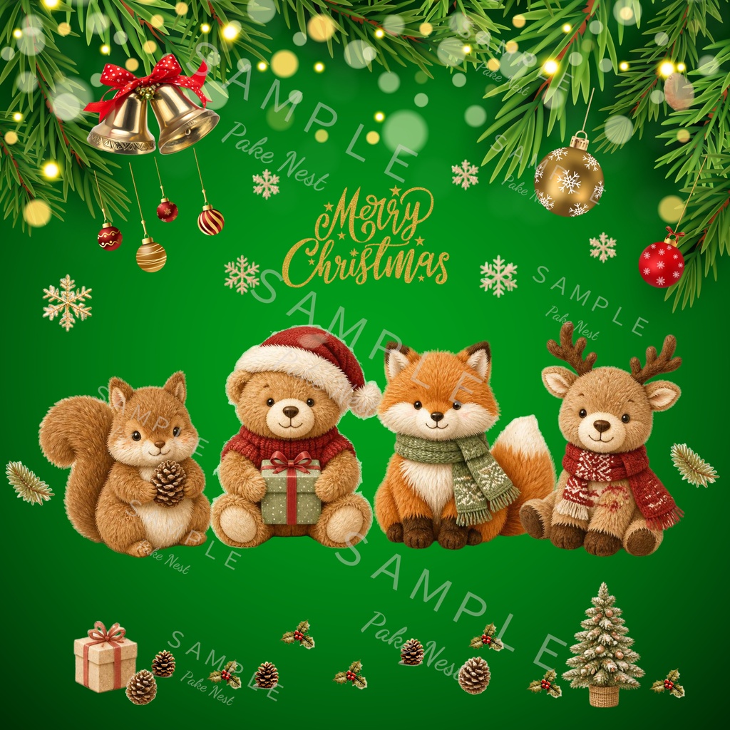 ふわもこクリスマスのデジタルペーパー3枚セット|ファー風・リス・くま・きつね・トナカイ・カード・壁紙
