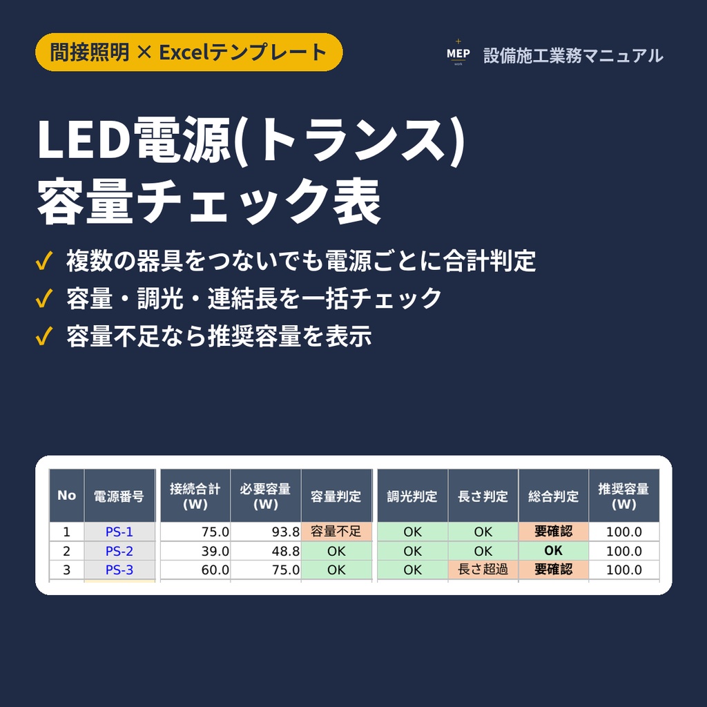 【間接照明】LED電源(トランス)容量チェック表|複数器具の合計・調光・連結長を一括判定