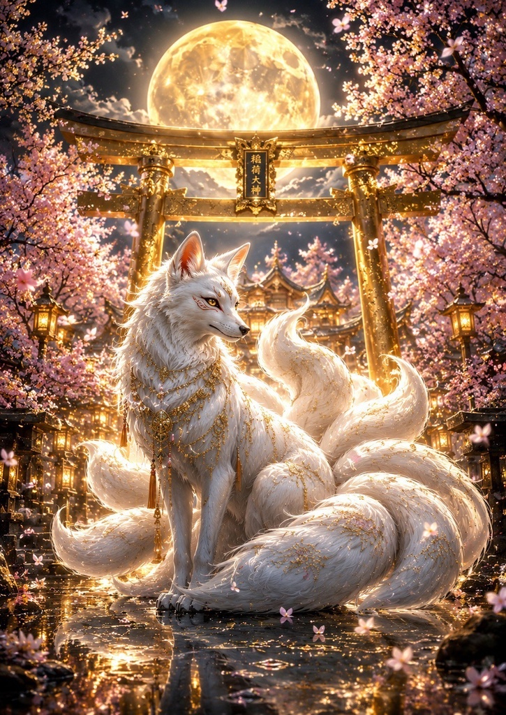 【九尾の白狐神】黄金の鳥居に宿る神秘の守護✨開運・厄除け・金運インテリア  神秘的な九尾の白狐神が、黄金に輝く鳥居と満月の神域に佇む幻想的なデジタルアートです✨ 