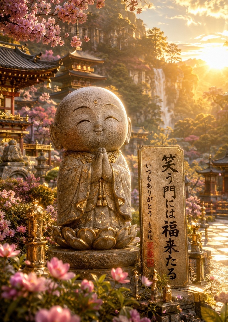 【笑う門には福来たる】金運・開運を願う癒しのお地蔵さま|スマホ待ち受けAIアート