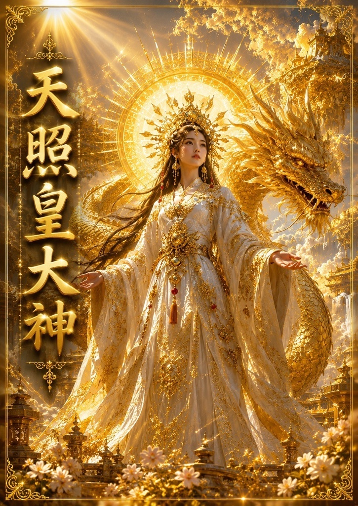 【天照皇大神×黄金龍神】黄金の光が照らす開運の神域｜超高画質AIアート スマホ待ち受け  