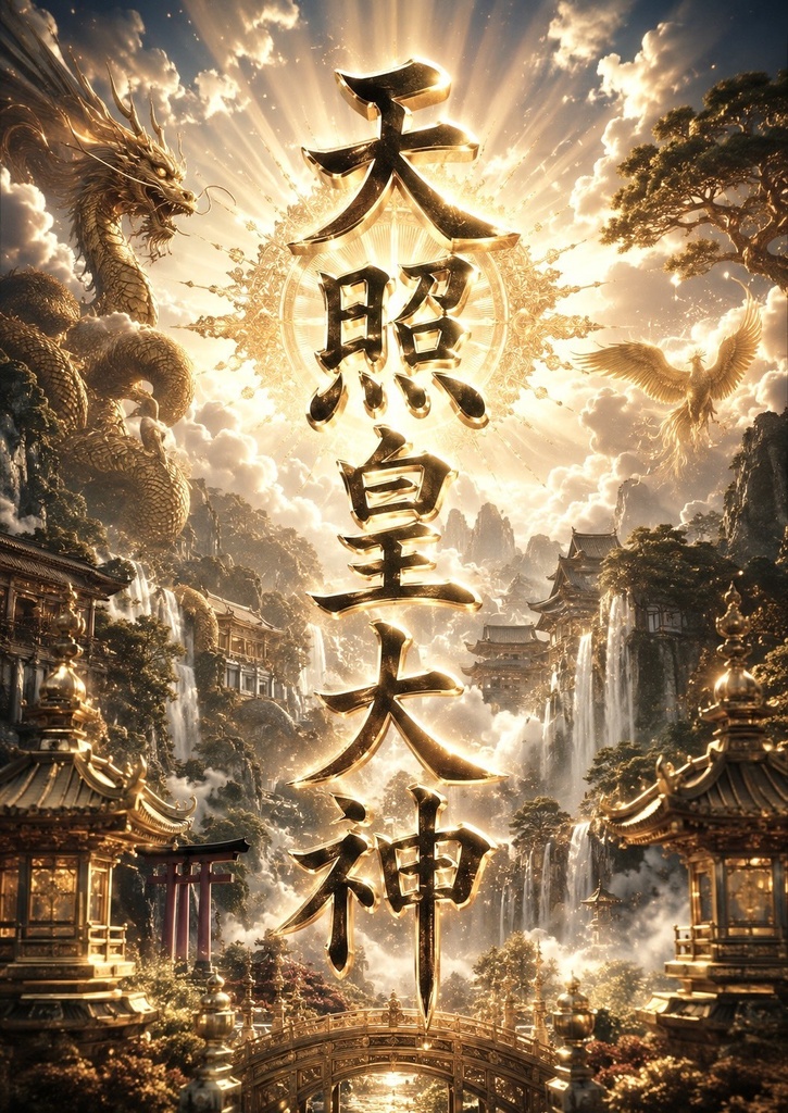 【天照皇大神×黄金龍神】黄金の光が照らす開運の神域|超高画質AIアート スマホ待ち受け