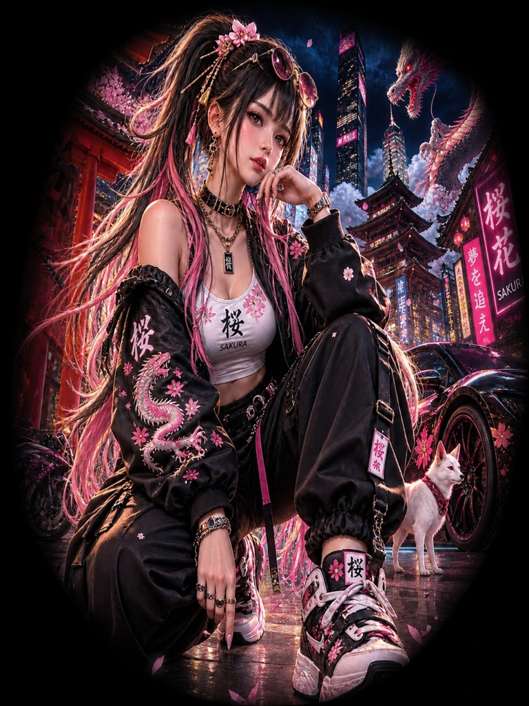 【桜龍-SAKURA DRAGON-】ネオン東京×和風ストリート少女|高画質幻想AI