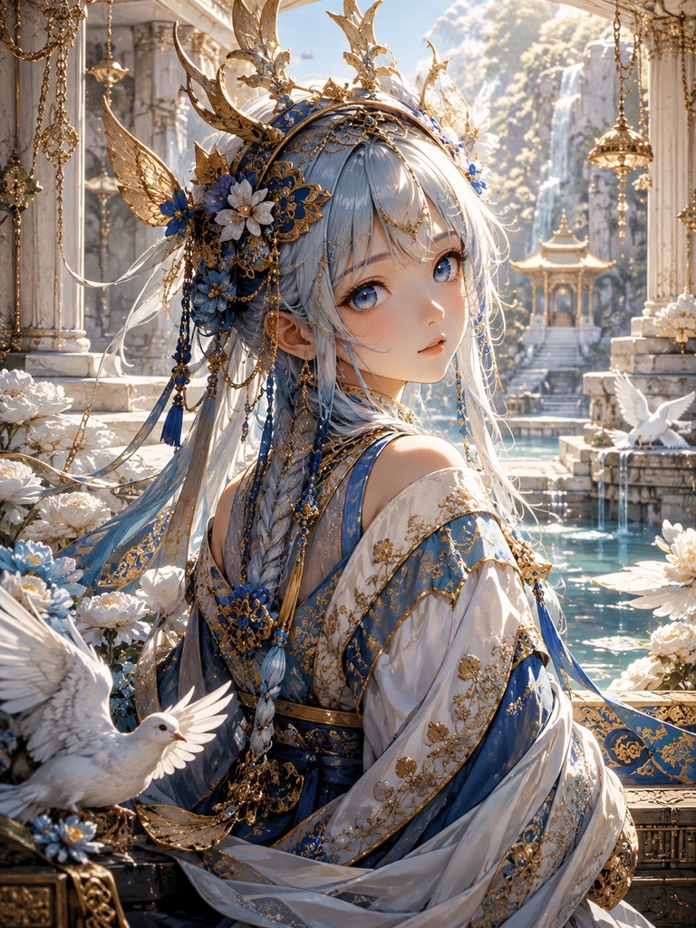 【Celestial Blue Goddess】天空宮殿に舞い降りた蒼の女神|超高画質AIアート
