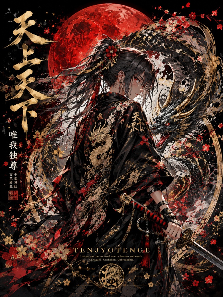 【天上天下】赤月に覚醒する黒龍と孤高の剣士|超高画質AIアート