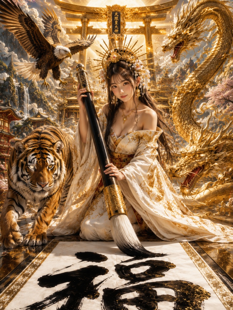 【天照皇大神×三大神獣】 金龍・白虎・鷹が守護する黄金神域|超高画質AIアート