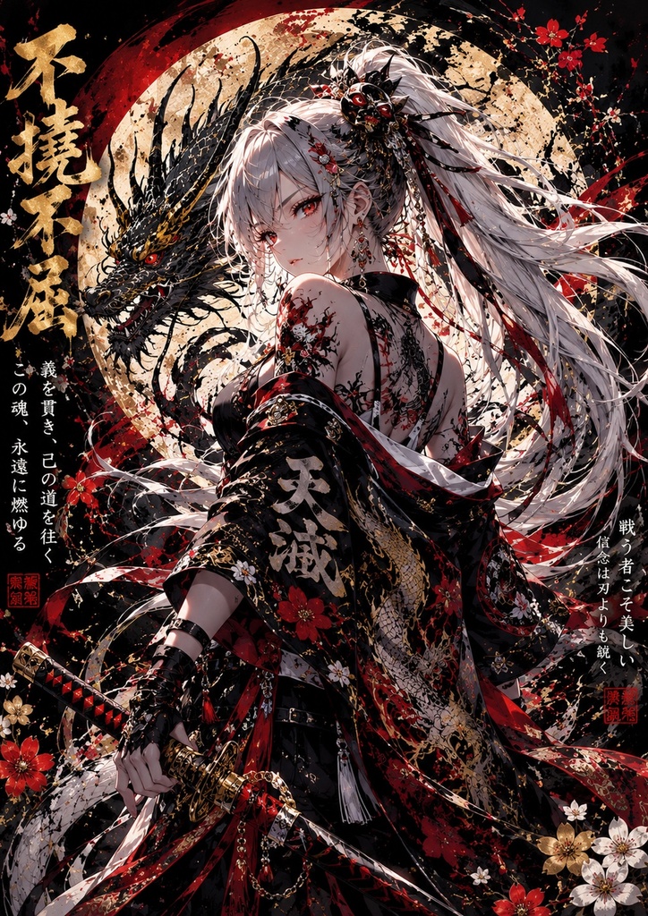 【漆黒の龍姫】黒龍×女性剣士 和風ダークファンタジー アート