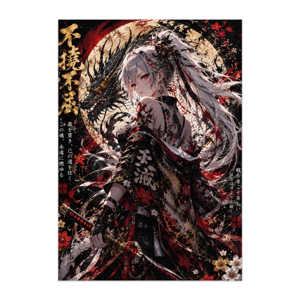 【漆黒の龍姫】黒龍×女性剣士 和風ダークファンタジー A4アート