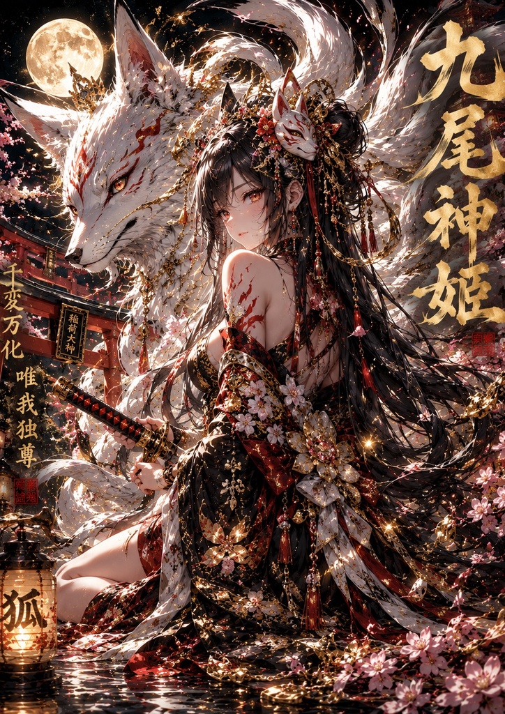 【月夜の九尾姫】白狐×桜×神社×日本刀×美麗和風アート