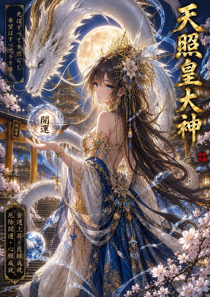 【天照皇大神】白龍×開運 金運上昇・良縁祈願 幻想和風 A4アートポスター